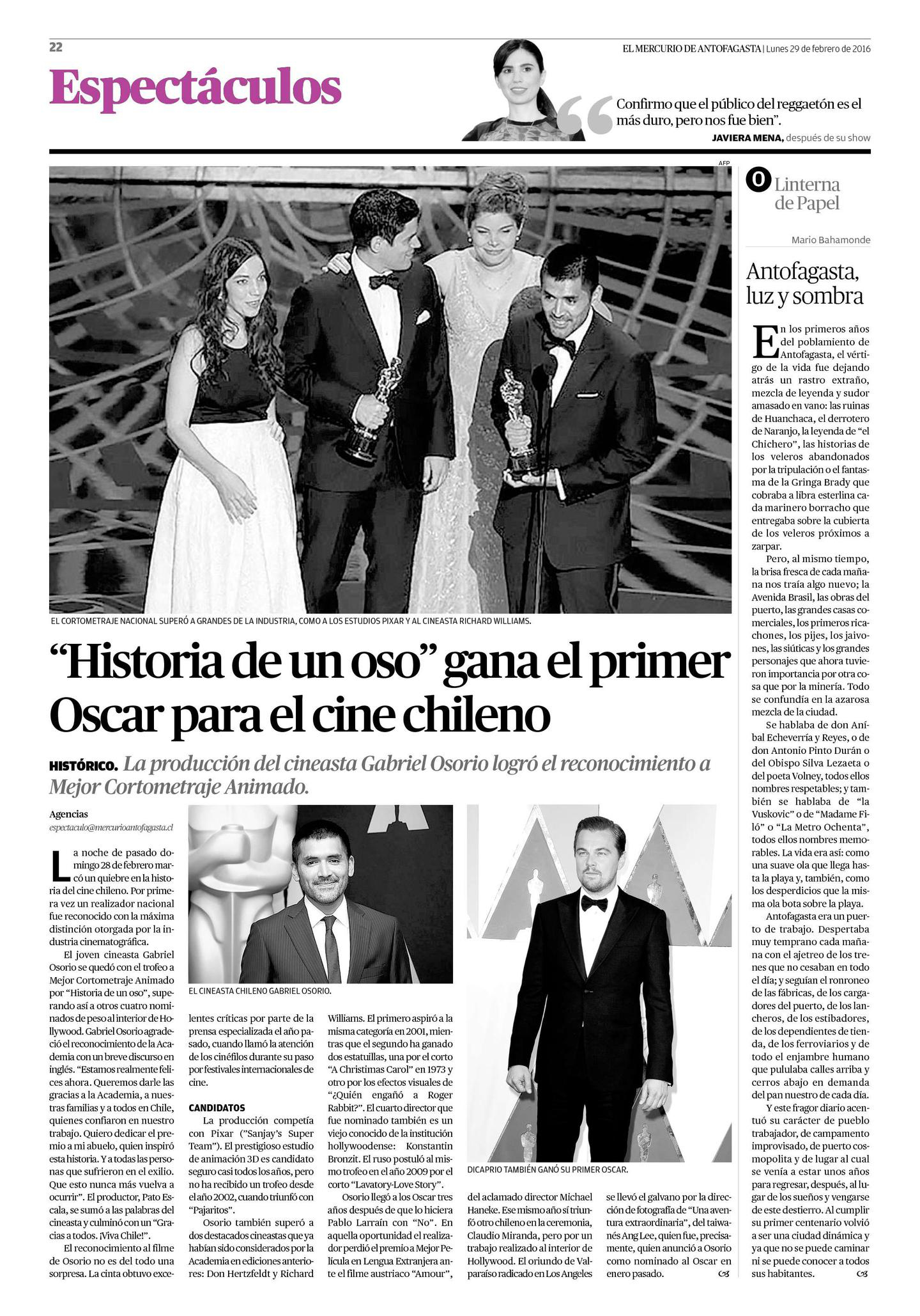 Publicación en Diario sobre el triunfo del Historia de un Oso en los Oscar.